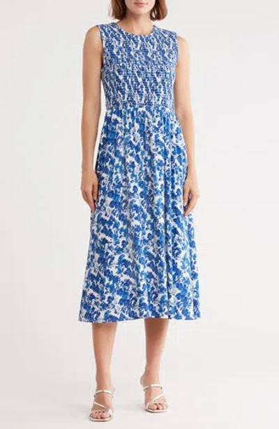 Calvin Klein Floral Smocked Bodice Midi Dress In Multi