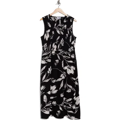 Calvin Klein Floral Smocked Midi Dress In Black