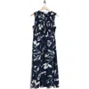 Calvin Klein Floral Smocked Midi Dress In Blue