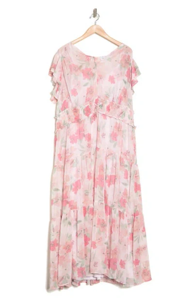 Calvin Klein Floral Smocked Ruffle Maxi Dress In Blush Multi