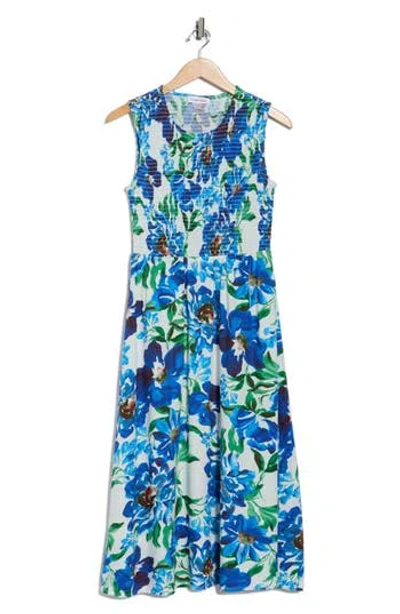Calvin Klein Floral Smocked Sleeveless Fit & Flare Midi Dress In Blue