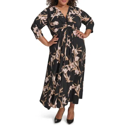 Calvin Klein Plus Size Printed Twist-front 3/4-sleeve Maxi Dress In Black Oyster Multi