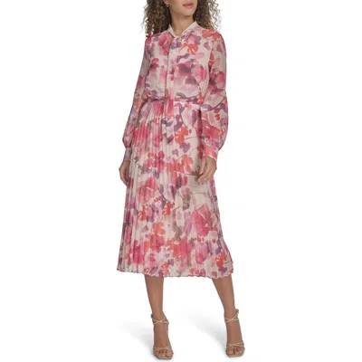 Calvin Klein Floral Tie Neck Long Sleeve Pleated Chiffon Midi Dress In Tulip Multi