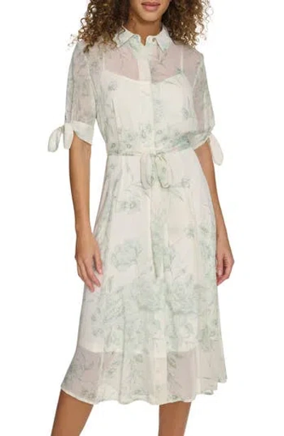 Calvin Klein Floral Tie Sleeve Chiffon Shirtdress In Cream Multi