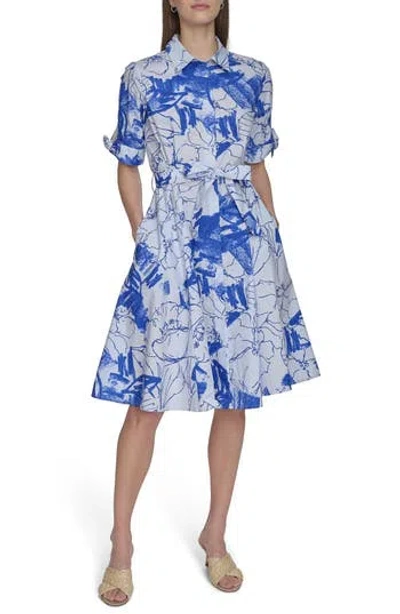 Calvin Klein Floral Tie Sleeve Cotton Shirtdress In Capri White
