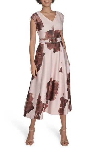 Calvin Klein Floral V-neck Belted Midi A-line Dress In Neutral