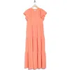 Calvin Klein Flutter Sleeve Tiered A-line Maxi Dress In Melon