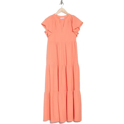 Calvin Klein Flutter Sleeve Tiered A-line Maxi Dress In Melon