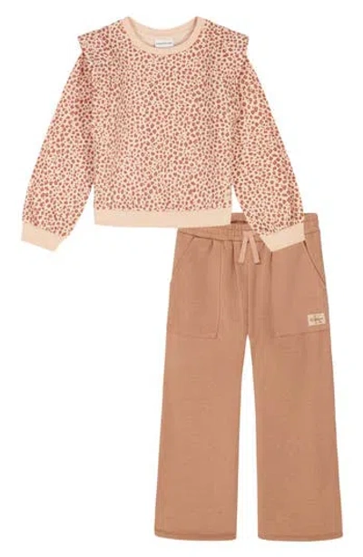 Calvin Klein Kids'  French Terry Leopard Print Pullover & Wide Leg Pants Set In Brown