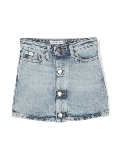 Calvin Klein Kids' Front-button Denim Mini Skirt In Blue