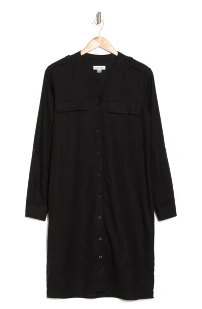 Calvin Klein Front Button Long Sleeve Linen Blend Dress In Black