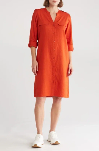 Calvin Klein Front Button Long Sleeve Linen Blend Dress In Clay