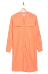Calvin Klein Front Button Long Sleeve Linen Blend Dress In Melon