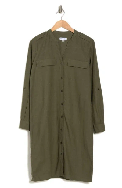 Calvin Klein Front Button Long Sleeve Linen Blend Dress In Olive