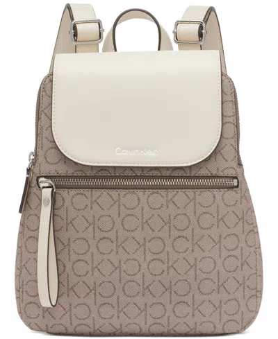 Calvin Klein Garnet Signature Triple Compartment Backpack In Almond Taupe,white