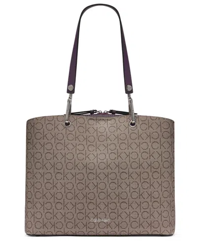 Calvin Klein Garnet Signature Triple Compartment Top Zipper Tote In Brown