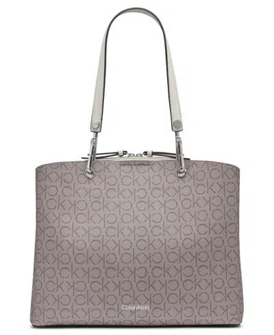 Calvin Klein Garnet Signature Triple Compartment Top Zipper Tote In Almond Taupe,cherub White