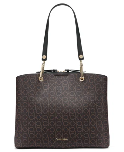 Calvin Klein Garnet Signature Triple Compartment Top Zipper Tote In Brown Khk,blk