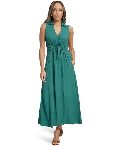 Calvin Klein Gauze Dress Women's Green Ruched Sleeveless Collared Preppy Asm59 In Multi