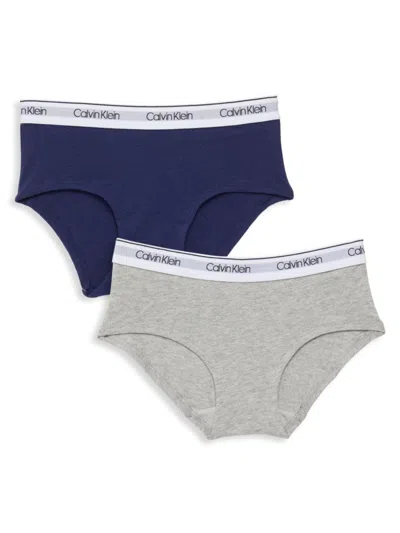 Calvin Klein Kids' Girl's 2-pack Logo Hipster Briefs In Symphony Heather Grey