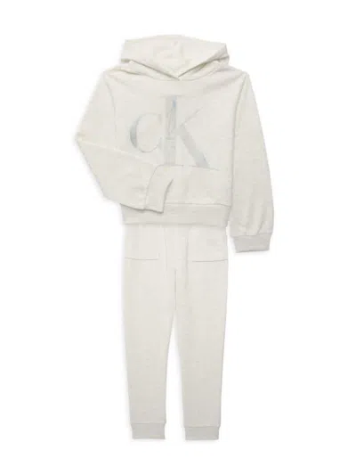 Calvin Klein Kids' Girl's 2-piece Logo Fleece Hoodie & Jogger Set In White