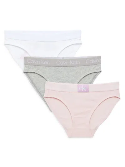 Calvin Klein Kids' Girl's 3-pack Logo Band Bikini Briefs In Grey Pink