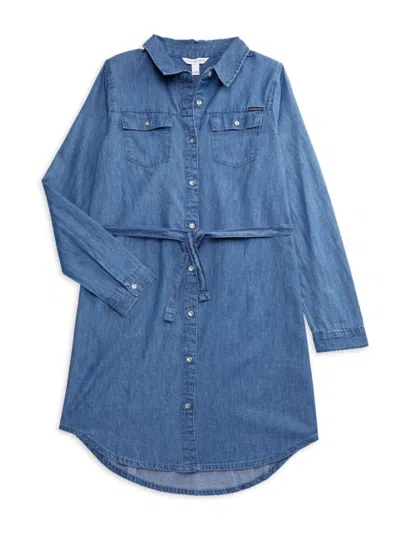 Calvin Klein Kids' Girl's Button Down Denim Shirtdress In Medium Wash