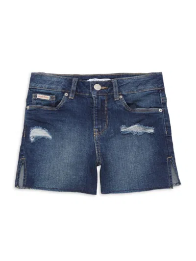 Calvin Klein Kids' Girl's Distressed Stretch Cotton Denim Shorts In Blue