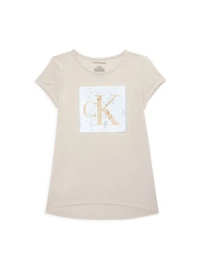 Calvin Klein Kids' Girl's Reversible Sequin Logo Tee In White Sand