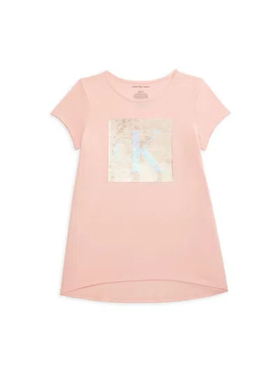 Calvin Klein Kids' Girl's Sequin Embellished Logo Tee In Tropical Pink