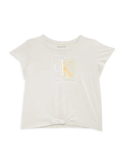 Calvin Klein Kids' Girl's Sequin Embellished Logo Tee In White Sand
