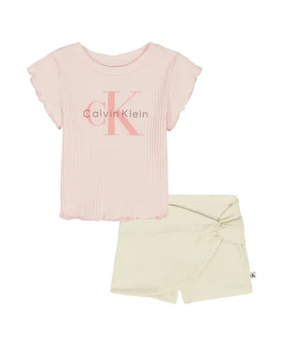 Calvin Klein Kids' Girls' 2t-6x Ribbed Logo T-shirt And Crinkle Knit Wrap-front Shorts, 2-piece Set In Animal Print