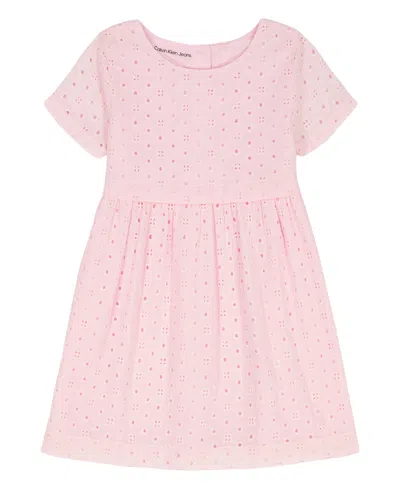 Calvin Klein Kids' Girls' 4-6x Eyelet Crewneck Dress In Pink