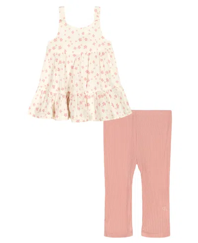 Calvin Klein Kids' Girls' 4-6x Floral Gauze Tunic And Capri Leggings, 2-piece Set In Neutral