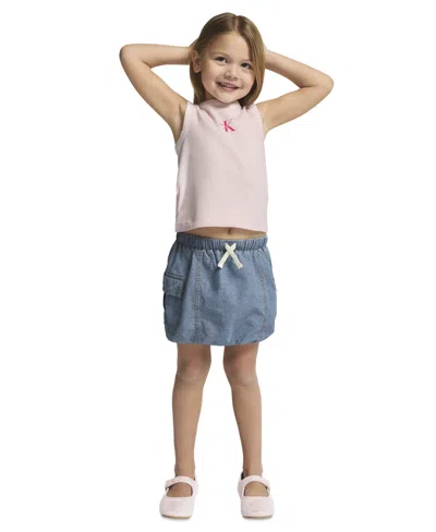Calvin Klein Kids' Girls' 4-6x Ribbed Tank Top And Denim Bubble Skirt, 2-piece Set In Pink