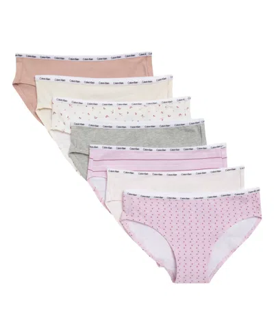 Calvin Klein Girls' 6-16 Floral Heart Stripe Cotton-stretch Bikinis, 7-pack In Multi