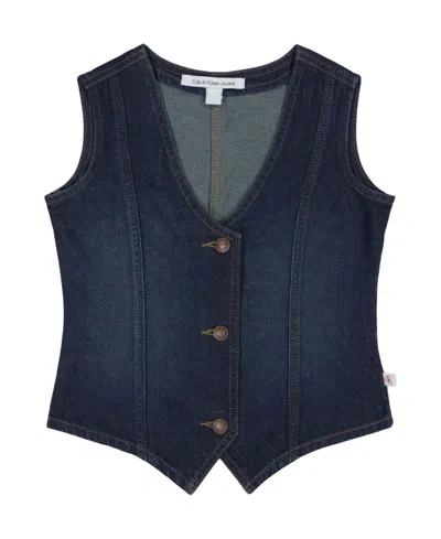 Calvin Klein Kids' Girls 7-16 Button-front V-neck Denim Vest In Blue