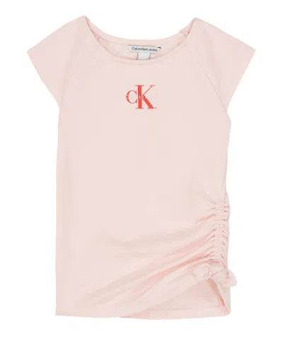 Calvin Klein Kids' Girls' 7-16 Ck Side Ruched Round Neck T-shirt In Pink