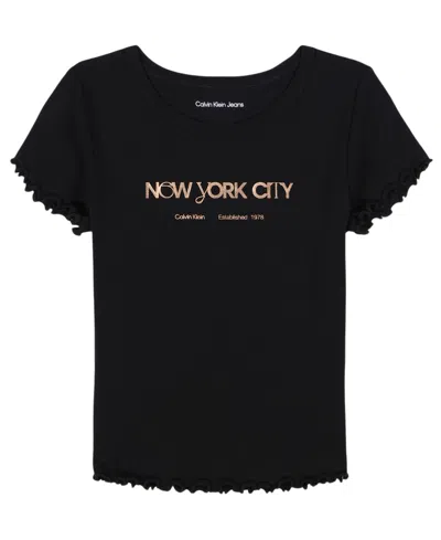 Calvin Klein Kids' Girls 7-16 Foil Ribbed Knit Short Sleeve T-shirt In Black