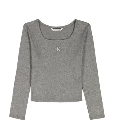 Calvin Klein Kids' Girls 7-16 Metallic Printed Ribbed Square Neck Shirt In Gray