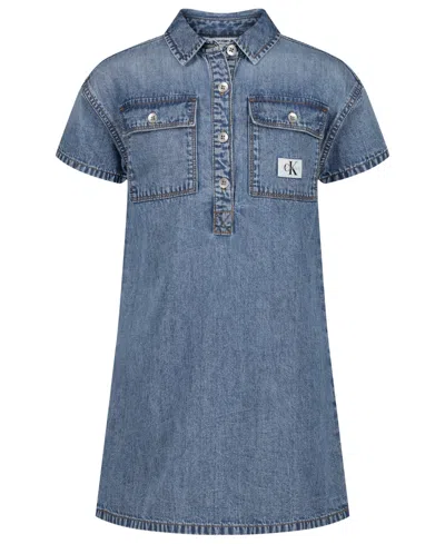 Calvin Klein Kids' Girls' 7-16 Short-sleeve Patch Pocket Denim Shirtdress In Metallic
