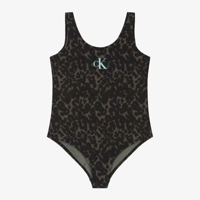 Calvin Klein Kids' Girls Green Leopard Print Swimsuit