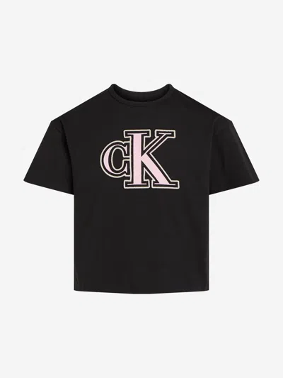 Calvin Klein Kids'  Girls Monogram Flock Boxy T-shirt In Black