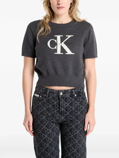 Calvin Klein Graphic Short-sleeve Sweater In Gray