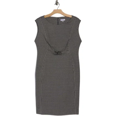 Calvin Klein Hardware Belt Houndstooth Ponte Sheath Dress In Gray
