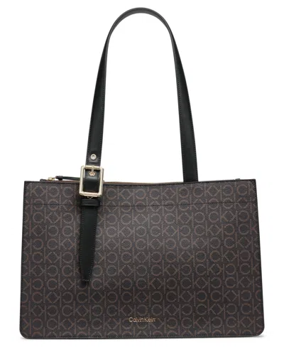 Calvin Klein Havana Signature Tote In Brown Khk,blk