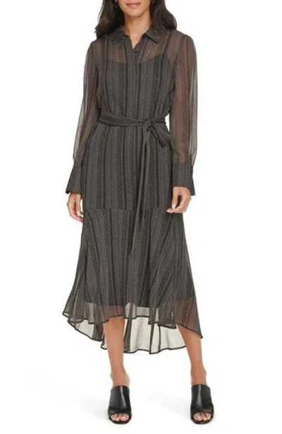 Calvin Klein Herringbone Long Sleeve Midi Dress In Black/white Pepper