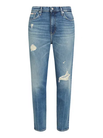 Calvin Klein High-waisted Mom Fit Jeans With Tapered Leg And Distressed Detailing In Blue