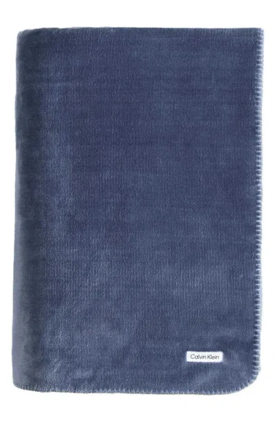 Calvin Klein Home Modern Reversible Solid Plush Blanket In Medium Blue
