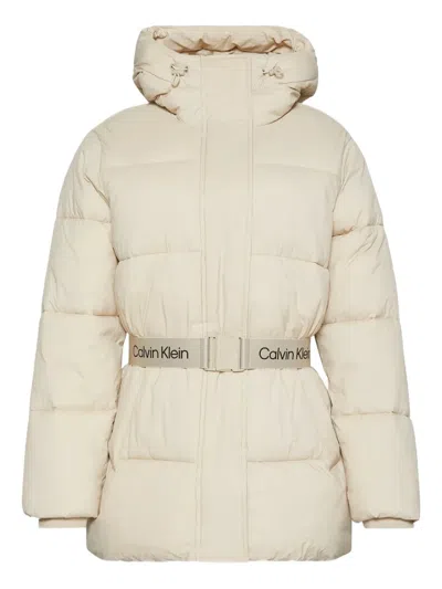 Calvin Klein Hooded Belted Jacket In Neutral